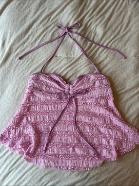 Pink Smocked Halter Cami with Tie Straps